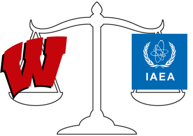 A diagram of a scale, with a University of Wisconsin logo on the left and an IAEA logo on the right